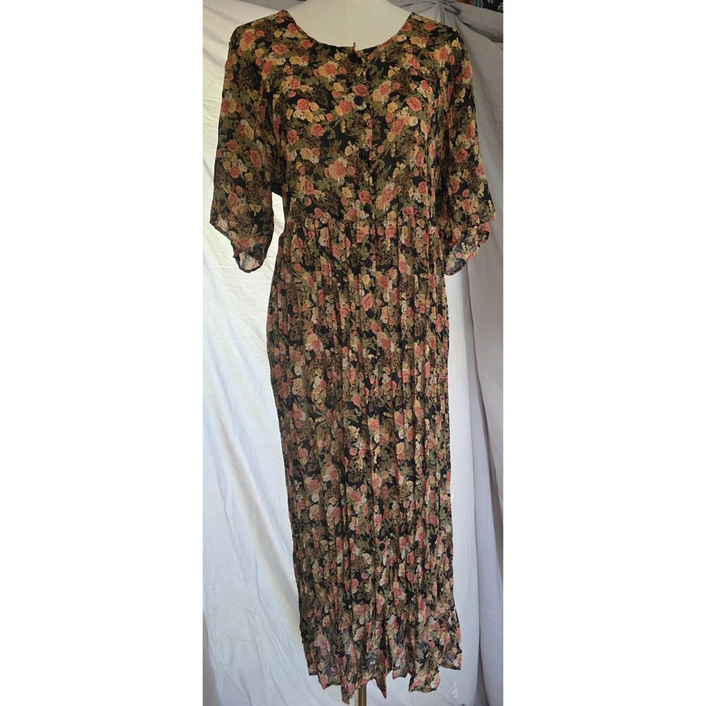 Kathryn Deene Vintage 90's Katy D. Floral Pleated Maxi Dress SZ 14/16 USA Made